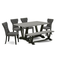 East West Furniture 6-Pc Kitchen Table Set-Dark Gotham Grey Linen Fabric Seat And Button Tufted Chair Back Parson Dining Chairs, A Rectangular Bench And Rectangular Top Dining Room Table With Wood Leg
