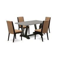 East West Furniture V696La147-5 5-Piece Awesome Dining Room Table Set A Good Cement Color Wood Dining Table Top And 4 Awesome Linen Fabric Parson Chairs With Stylish Chair Back, Wire Brushed Black Fin