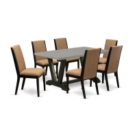 East West Furniture V696La147-7 7-Piece Amazing Dining Room Table Set An Excellent Cement Color Wood Table Top And 6 Gorgeous Linen Fabric Dining Room Chairs With Stylish Chair Back, Wire Brushed Blac