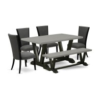East West Furniture V696Ve650-6 6 Piece Dining Room Set - 4 Dark Gotham Grey Linen Fabric Kitchen Chairs With Nailheads And Cement Wood Dining Table - 1 Mid Century Bench - Black Finish
