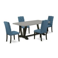 East West Furniture 5-Piece Fashionable Dining Set A Good Cement Color Dining Table Top And 4 Wonderful Linen Fabric Parson Dining Chairs With Nail Heads And Button Tufted Chair Back, Wire Brushed Bla