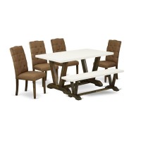 East West Furniture 6-Pc Dining -Brown Beige Linen Fabric Seat And Button Tufted Chair Back Parson Dining Chairs, A Rectangular Bench And Rectangular Top Dining Room Table With Solid Wood Legs - Linen