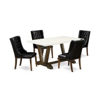 East West Furniture V726Fo749-5 5 Piece Dining Room Table Set - 4 Black Pu Leather Mid Century Dining Chairs Button Tufted With Nail Heads And Dining Table - Distressed Jacobean Finish