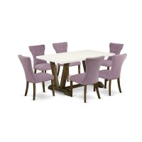 East West Furniture V726Ga740-7 7-Piece Modern Dining Set- 6 Upholstered Dining Chairs With Dahlia Linen Fabric Seat And Button Tufted Chair Back - Rectangular Table Top & Wooden Legs - Linen White An