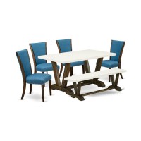 East West Furniture V726Ve721-6 6 Piece Dining Room Set - 4 Black Linen Fabric Modern Chair With Nailheads And Linen White Rectangular Dining Table - 1 Modern Bench - Distressed Jacobean Finish