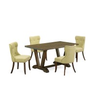 East West Furniture V776Si737-5 5-Piece Dining Table Set- 4 Dining Chairs With Limelight Linen Fabric Seat And Button Tufted Chair Back - Rectangular Table Top & Wooden Legs - Distressed Jacobean Fini