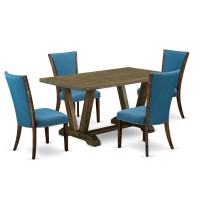East West Furniture V776Ve721-5 5Pc Dining Table Set Offers A Kitchen Table And 4 Parson Dining Chairs With Blue Color Linen Fabric, Medium Size Table With Full Back Chairs, Distressed Jacobean Finish