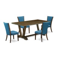 East West Furniture V777Ve721-5 5Pc Wood Dining Table Set Contains A Wood Table And 4 Parsons Chairs With Blue Color Linen Fabric, Distressed Jacobean Finish