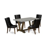 East West Furniture V796Fo749-5 5 Pc Dining Table Set - 4 Black Pu Leather Dining Chairs Button Tufted With Nail Heads And Wood Dining Table - Distressed Jacobean Finish