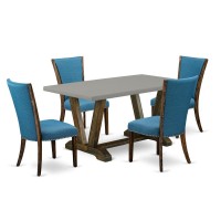 East West Furniture V796Ve721-5 5Pc Dining Table Set Offers A Dining Table And 4 Parsons Dining Room Chairs With Blue Color Linen Fabric, Distressed Jacobean And Cement Finish