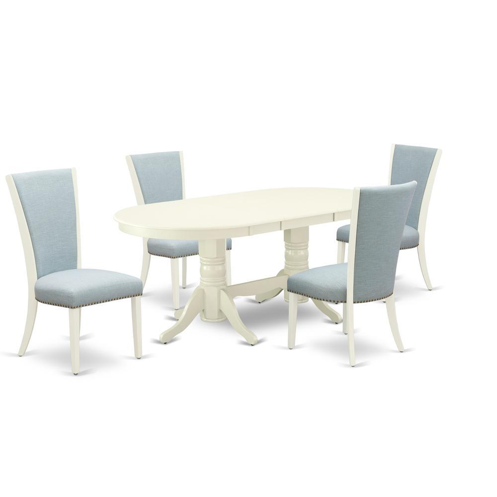 East-West Furniture Vave5-Lwh-15 - A Dinette Set Of 4 Great Indoor Dining Chairs With Linen Fabric Baby Blue Color And A Gorgeous Wood Table With Linen White Color