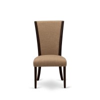 East West Furniture - Set Of 2 - Upholstered Dining Chair- Wooden Chairs Includes Mahogany Solid Wood Structure With Light Sable Linen Fabric Seat With Nail Head And Stylish Back
