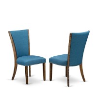 East West Furniture - Set Of 2 - Upholstered Chair- Dining Chair Includes Distressed Jacobean Wood Frame With Blue Linen Fabric Seat With Nail Head And Stylish Back