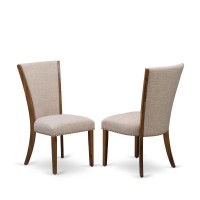 East West Furniture - Set Of 2 - Modern Chairs- Mid Century Dining Chairs Includes Antique Walnut Wooden Structure With Light Tan Linen Fabric Seat With Nail Head And Stylish Back