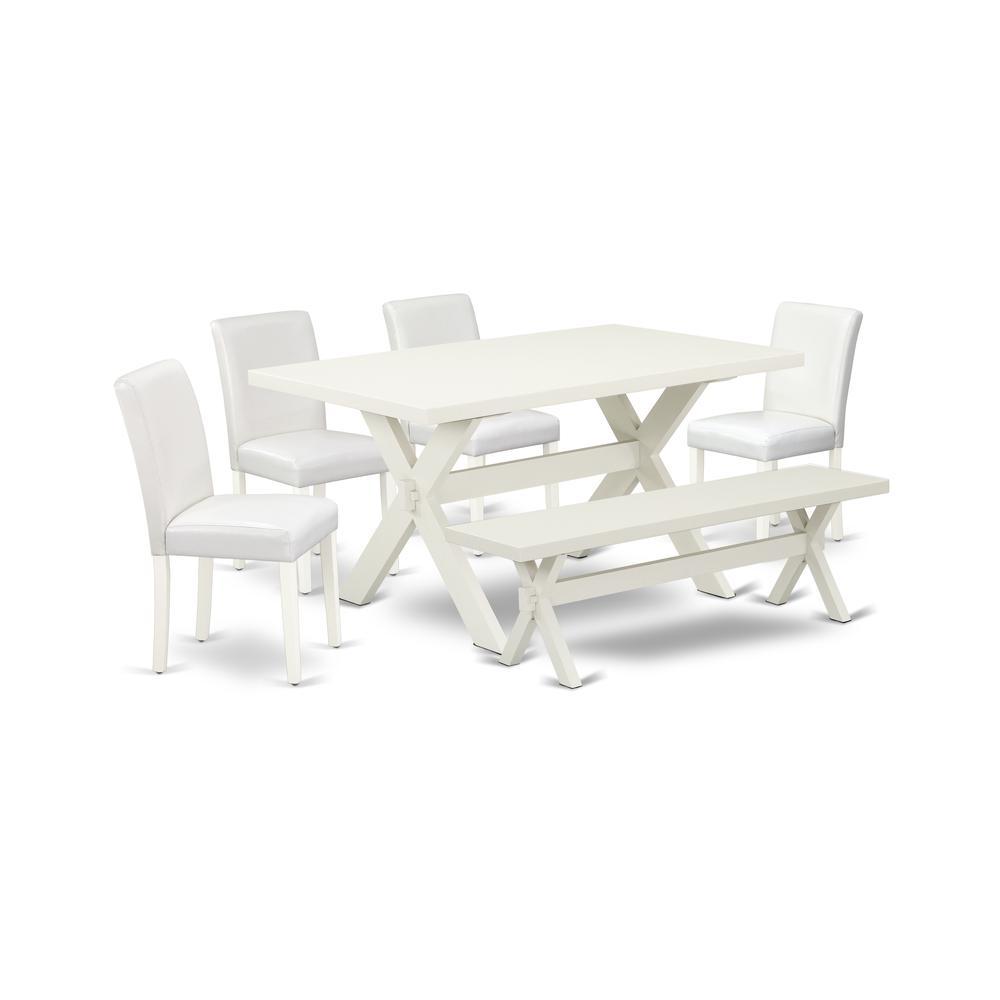 East West Furniture X026Ab264-6 6-Piece Stylish Dining Set A Superb Linen White Wood Table Top And Linen White Small Bench And 4 Lovely Solid Wood Legs And Pu Leather Seat Parson Chairs With Stylish C