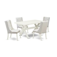 East West Furniture X026Fo244-5 5-Pc Dining Table Set Contains 4 White Pu Leather Dining Chairs Button Tufted With Nailhead And Wooden Dining Table - Linen White Finish