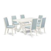 East West Furniture X026La015-7 7Pc Dinette Set Includes A Wood Table And 6 Upholstered Dining Chairs With Baby Blue Color Linen Fabric, Medium Size Table With Full Back Chairs, Wirebrushed Linen Whit