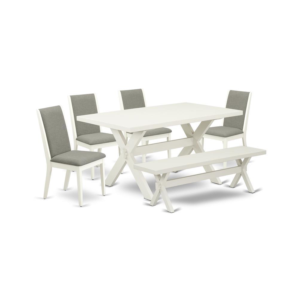 East West Furniture X026La206-6 6-Piece Beautiful Dinette Set An Outstanding Linen White Dining Table Top And Linen White Indoor Bench And 4 Stunning Linen Fabric Parson Dining Room Chairs With Stylis