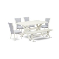 East West Furniture X026Ve005-6 6 Piece Dining Set - Linen White Rectangular Table, 1 Modern Bench, And 4 Grey Linen Fabric Parson Chairs With Nailheads - Wirebrushed Linen White Finish