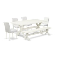 East West Furniture X027Ab264-6 6-Piece Amazing Dining Room Table Set An Excellent Linen White Dining Room Table Top And Linen White Small Bench And 4 Gorgeous Pu Leather Parson Dining Chairs With Sty