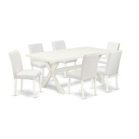 East West Furniture X027Ab264-7 7-Piece Amazing Dining Room Table Set An Excellent Linen White Kitchen Table Top And 6 Awesome Pu Leather Dining Chairs With Stylish Chair Back, Linen White Finish