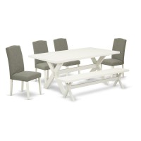East West Furniture 6-Pc Dinette Table Set-Dark Shitake Linen Fabric Seat And Stylish Chair Back Parson Dining Chairs, A Rectangular Bench And Rectangular Top Dining Room Table With Wooden Legs - Line