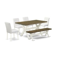 East West Furniture X076Ab264-6 6-Piece Gorgeous Rectangular Table Set A Good Distressed Jacobean Wood Dining Table Top And Distressed Jacobean Dining Bench And 4 Stunning Pu Leather Parson Dining Cha