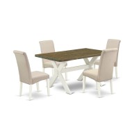 East West Furniture 5-Piece Fashionable A Good Distressed Jacobean Modern Dining Table Top And 4 Wonderful Linen Fabric Solid Wood Leg Chairs With High Roll Chair Back, Linen White Finish