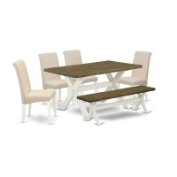 East West Furniture 6-Piece Stylish Dining Table Set A Superb Distressed Jacobean Modern Dining Table Top And Distressed Jacobean Indoor Bench And 4 Lovely Linen Fabric Parson Dining Chairs With High