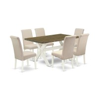 East West Furniture X076Ba201-7 7-Pc Kitchen Set - 6 Dining Padded Chairs And 1 Modern Rectangular Distressed Jacobean Kitchen Dining Table Top With High Chair Back - Linen White Finish