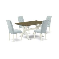 East West Furniture X076Ce215-5 5-Pc Dining Table Set- 4 Dining Padded Chairs With Baby Blue Linen Fabric Seat And Button Tufted Chair Back - Rectangular Table Top & Wooden Cross Legs - Distressed Jac