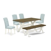 East West Furniture X076Ce215-6 6-Pc Kitchen And Dining Room Set- 4 Parson Chairs With Baby Blue Linen Fabric Seat And Button Tufted Chair Back - Rectangular Top & Wooden Cross Legs Modern Dining Tabl