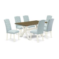 East West Furniture X076Ce215-7 7-Pc Modern Dining Set- 6 Parson Chairs With Baby Blue Linen Fabric Seat And Button Tufted Chair Back - Rectangular Table Top & Wooden Cross Legs - Distressed Jacobean