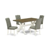 East West Furniture X076El207-5 5-Pc Dining Room Table Set- 4 Dining Padded Chairs With Smoke Linen Fabric Seat And Button Tufted Chair Back - Rectangular Table Top & Wooden Cross Legs - Distressed Ja