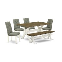 East West Furniture X076El207-6 6-Pc Dining Table Set- 4 Dining Room Chairs With Smoke Linen Fabric Seat And Button Tufted Chair Back - Rectangular Top & Wooden Cross Legs Modern Dining Table And Dini