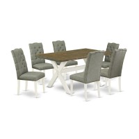 East West Furniture X076El207-7 7-Piece Modern Dining Table Set- 6 Parson Dining Chairs With Smoke Linen Fabric Seat And Button Tufted Chair Back - Rectangular Table Top & Wooden Cross Legs - Distress