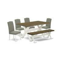 East West Furniture X076En206-6 6-Piece Amazing An Outstanding Distressed Jacobean Dining Table Top And Distressed Jacobean Small Bench And 4 Lovely Linen Fabric Parson Chairs With Nail Heads And Styl