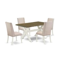 East West Furniture 5-Piece Modern Dining Room Set An Excellent Distressed Jacobean Dining Table Top And 4 Attractive Linen Fabric Parson Chairs With Nails Head And Stylish Chair Back, Linen White Fin