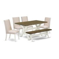 East West Furniture 6-Piece Gorgeous Dining Room Table Set A Good Distressed Jacobean Dining Table Top And Distressed Jacobean Wooden Bench And 4 Beautiful Linen Fabric Parson Dining Room Chairs With