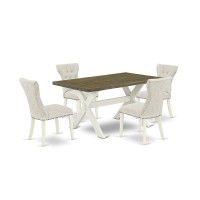 East West Furniture 5-Piece Dining Room Table Set Included 4 Kitchen Dining Chairs Upholstered Nails Head Seat And High Button Tufted Chair Back And Rectangular Dinette Table With Distressed Jacobean