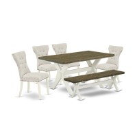 East West Furniture 6-Piece Wood Dining Table Set-Doeskin Linen Fabric Seat And Button Tufted Chair Back Modern Dining Chairs, A Rectangular Bench And Rectangular Top Kitchen Table With Wooden Legs -