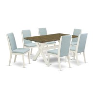 East West Furniture X076La015-7 7Pc Dining Room Table Set Consists Of A Rectangle Table And 6 Upholstered Dining Chairs With Baby Blue Color Linen Fabric, Medium Size Table With Full Back Chairs, Wire