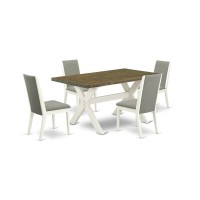 East West Furniture X076La206-5 5-Piece Gorgeous Dining Room Set An Outstanding Distressed Jacobean Modern Dining Table Top And 4 Stunning Linen Fabric Kitchen Parson Chairs With Stylish Chair Back, L