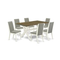 East West Furniture X076La206-7 7-Piece Gorgeous Dining Set An Excellent Distressed Jacobean Rectangular Dining Table Top And 6 Gorgeous Linen Fabric Dining Chairs With Stylish Chair Back, Linen White