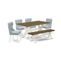 East West Furniture X076Si215-6 6-Piece Dining Room Table Set- 4 Upholstered Dining Chairs With Baby Blue Linen Fabric Seat And Button Tufted Chair Back - Rectangular Top & Wooden Cross Legs Dining Ta