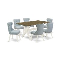 East West Furniture X076Si215-7 7-Pc Dinette Set- 6 Parson Chairs With Baby Blue Linen Fabric Seat And Button Tufted Chair Back - Rectangular Table Top & Wooden Cross Legs - Distressed Jacobean And Li