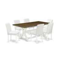 East West Furniture X077Ab264-7 7-Piece Amazing A Great Distressed Jacobean Rectangular Table Top And 6 Excellent Pu Leather Dining Room Chairs With Stylish Chair Back, Linen White Finish