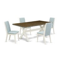 East West Furniture X077La015-5 5Pc Dining Table Set Offers A Dinette Table And 4 Upholstered Dining Chairs With Baby Blue Color Linen Fabric, Medium Size Table With Full Back Chairs, Wirebrushed Line