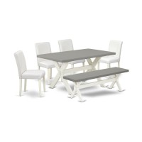 East West Furniture X096Ab264-6 6-Piece Amazing Dining Table Set A High Quality Cement Color Wood Table Top And Cement Color Indoor Bench And 4 Lovely Pu Leather Dining Chairs With Stylish Chair Back,
