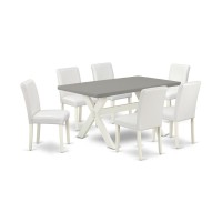 East West Furniture X096Ab264-7 7-Piece Beautiful Rectangular Dining Room Table Set An Excellent Cement Color Kitchen Table Top And 6 Lovely Pu Leather Parson Chairs With Stylish Chair Back, Linen Whi